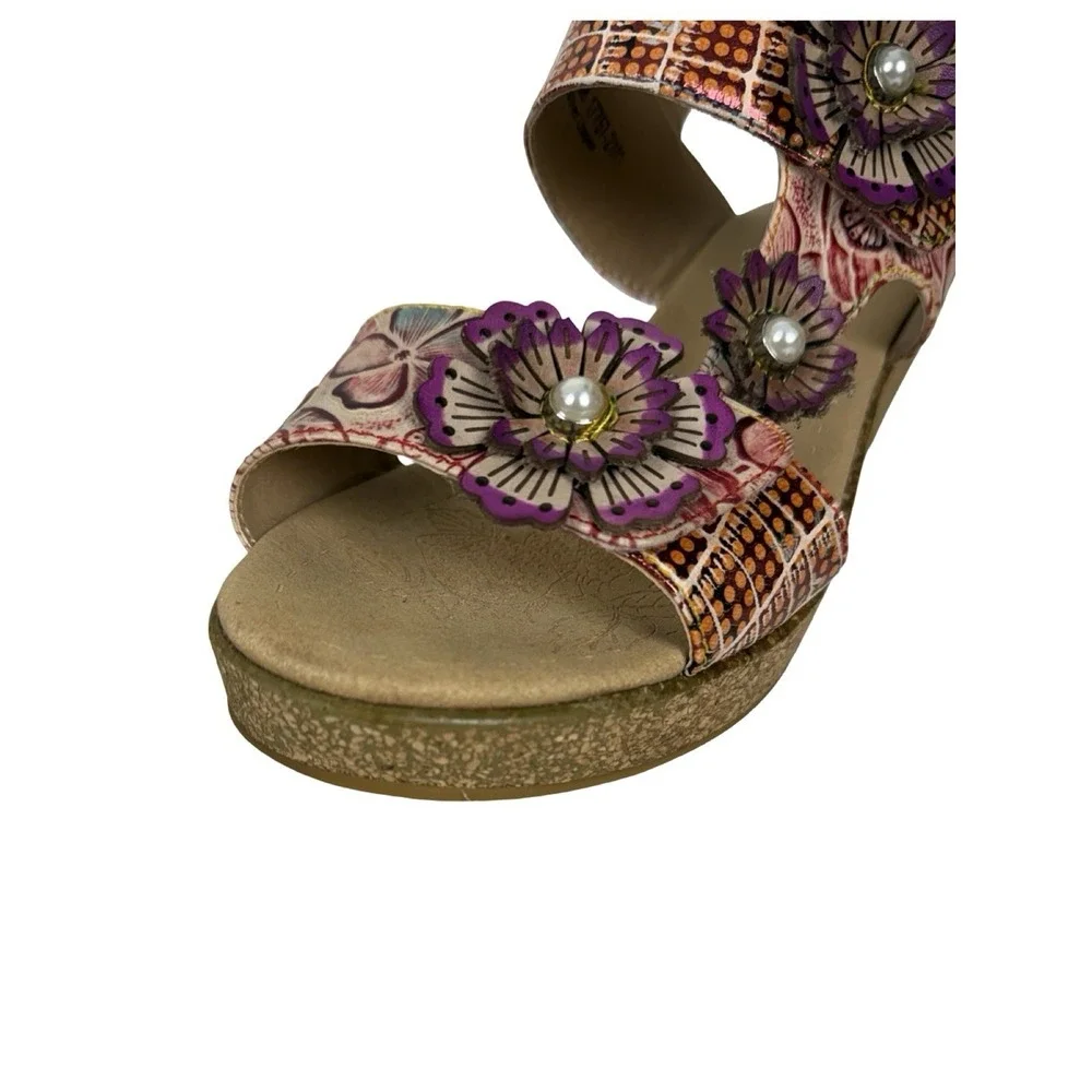 L'artiste Radd Geo Prm Wedge Sandals Heels Multicolor Leather Flower Sz 38/7.5-8